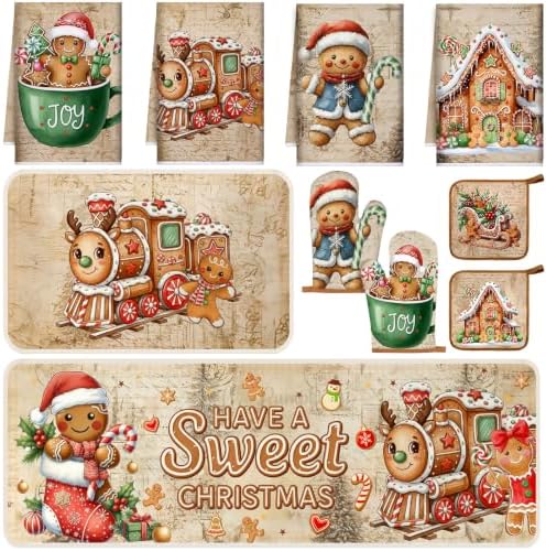 Fanfanwin 10 Pcs Christmas Gingerbread Man Kitchen Decor and Accessories Set Kitchen Towels Pot Holders Oven Mitts and Rugs for Baking Cooking BBQ Mom Housewarming Gifts