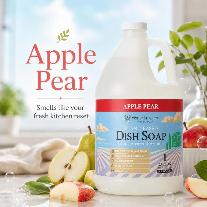 Ginger Lily Farms Botanicals Plant-Based Liquid Dish Soap, Concentrated Formula with Max Grease Cleaning Power, Cruelty-Free, Apple Pear Scent, 1 Gallon Refill (128 Fl. Oz.)