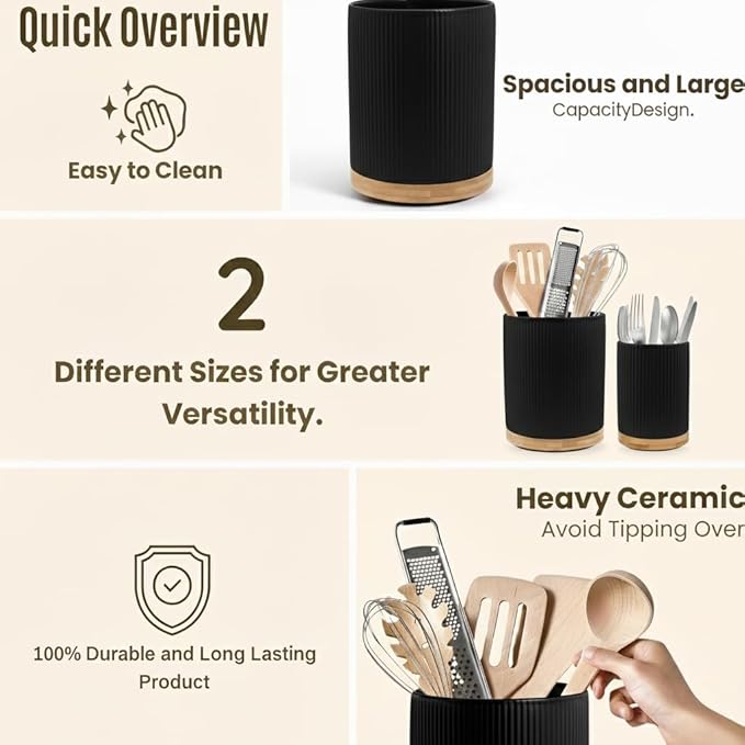 2 Pack Ceramic Utensil Holder, 7.3"+5.4" Large kitchen utensils holder - Image 6