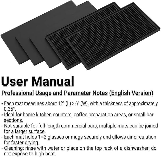 QWORK 12"x6" Black Rubber Bar Mat – 6 Pack Non-Slip Drainage Pad - Image 7