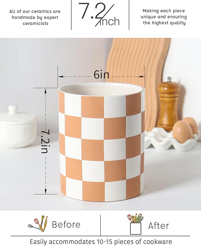 Utensil Holder，7.2 Inch Checkered Utensil Holder, Ceramic Cooking Utensil - Image 6