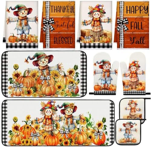 Fanfanwin 10 Pcs Fall Thanksgiving Pumpkin Kitchen Decor Set Scarecrow