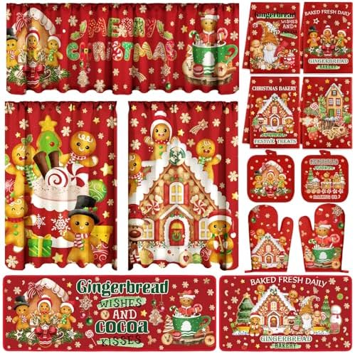 13 Pcs Gingerbread Man Kitchen Set, Towel Rug Valance Mitts