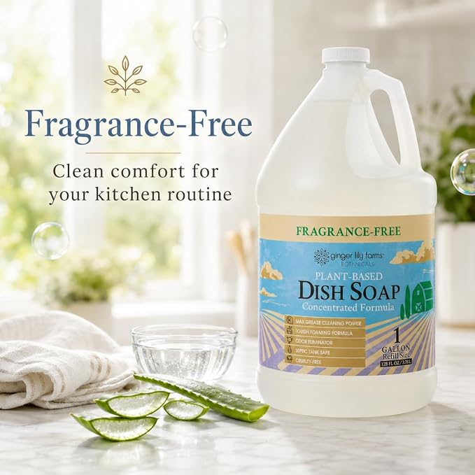 Ginger Lily Farms Botanicals Plant-Based Liquid Dish Soap, Concentrated Formula with Max Grease Cleaning Power, Cruelty-Free, Fragrance-Free, 1 Gallon Refill (128 Fl. Oz.), Clear (Pack of 4)