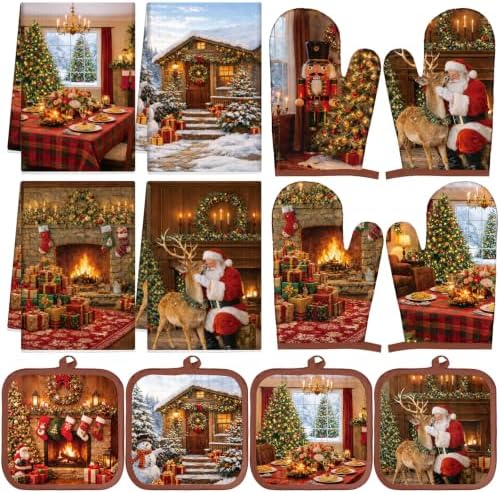 Silifine 12 Pcs Christmas Oven Mitts Pot Holders Kitchen Towels Sets