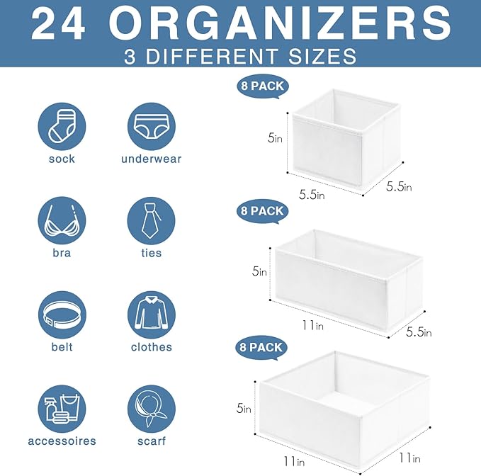 Criusia Drawer Organizer Clothes, 24 Pack Dresser Organizer Bins - Image 2
