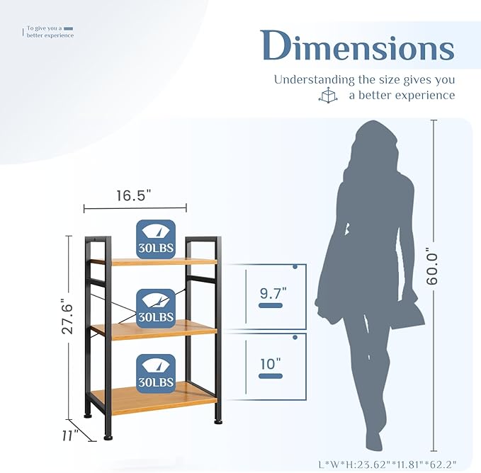 DUMOS 3 Tiers Bookshelf, Classical Book Shelf, Tall Display Shelves in Living - Image 3