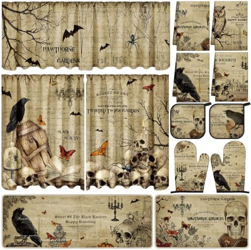 13 Pcs Vintage Gothic Halloween Kitchen Decor Set, Kitchen Rugs Curtain Set