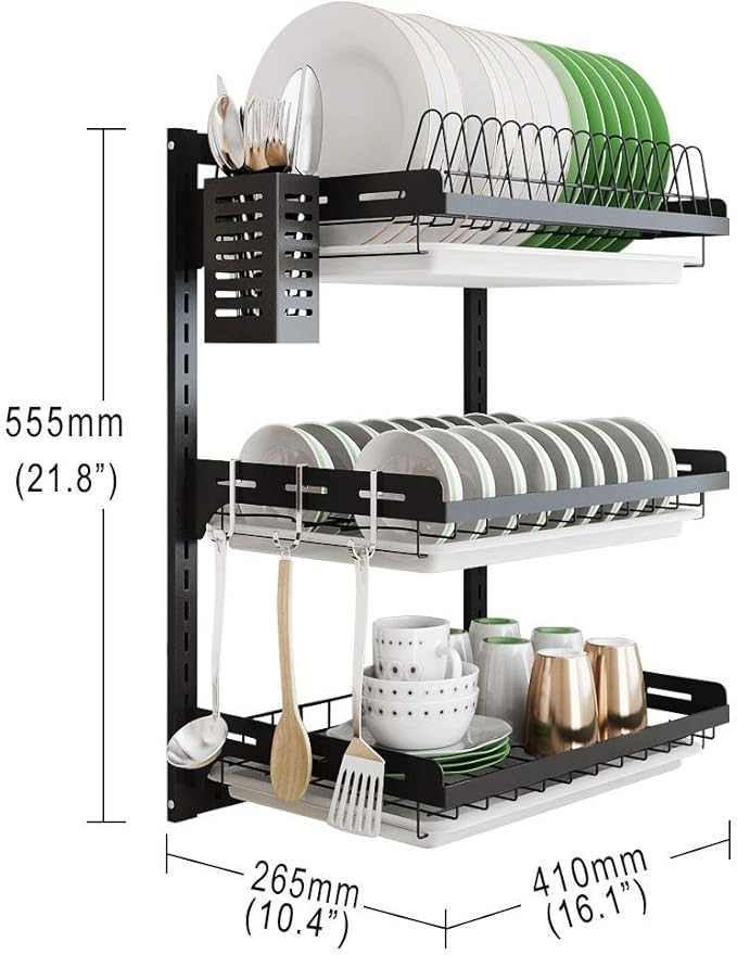 junyuan Hanging Dish Drying Rack Wall Mount, Dish Racks Drainer, 3 Tier Kitchen - Image 7