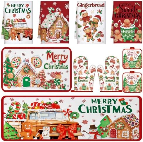 Fanfanwin 10 Pcs Christmas Gingerbread Man Kitchen Decor and Accessories Set Kitchen Towels Pot Holders Oven Mitts and Rugs for Baking Cooking BBQ Mom Housewarming Gifts