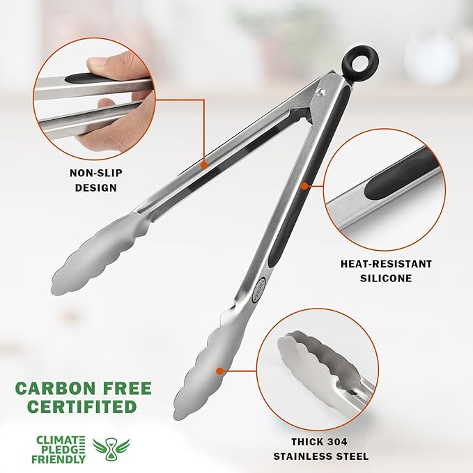 TACGEA Stainless Steel Kitchen Tongs, Silicone Non-slip Grip, Locking Grilling - Image 4