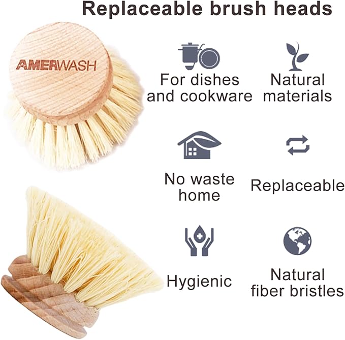 AMERWASH PLUS Classic Dish Brush Replacement Head 3 Packs, Natural Bristle - Image 2