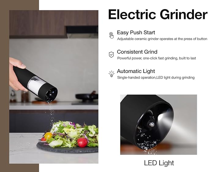Black Stainless Steel Electric Salt and Pepper Grinder Set - Image 2