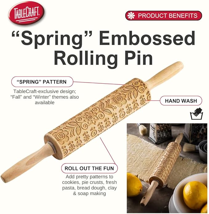 TableCraft Embossed Beech Wood Rolling Pin – 15.25 Inches, Snowflake Imprint - Image 2