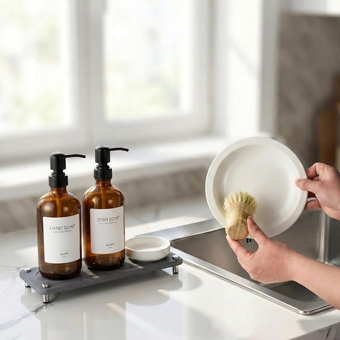2 Pack Kitchen Soap Dispenser Set - 16oz Amber Glass Dish and Hand Soap - Image 6