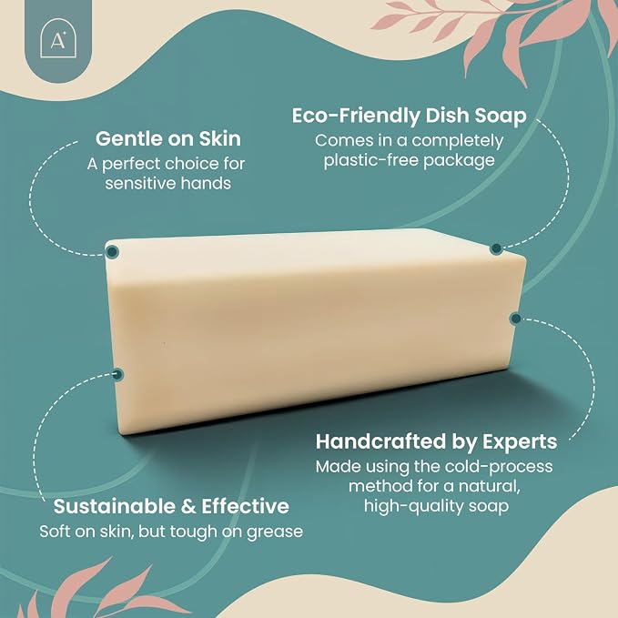Natural Dish Soap Bar, Cleaning Dishes Solid Block for Kitchen - Organic Biodegradable Dishwashing, only 4 Ingredients, Gentle on Hands - Unscented (1 Pack, 6.3oz)