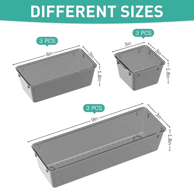 WOWBOX 9 Pack Clear Drawer Organizer Set, Acrylic Drawer Storage Trays - Image 2