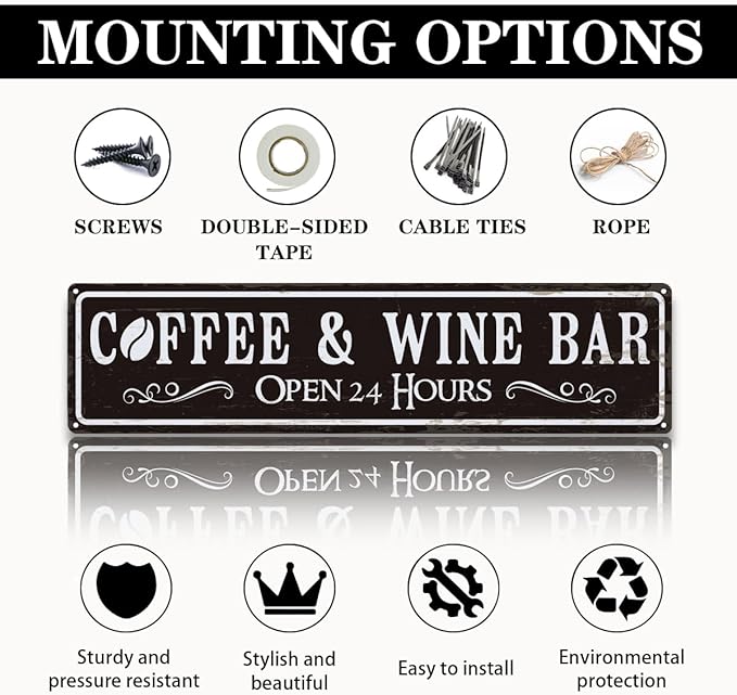 Coffee and Wine Bar Decor, Coffee & Wine Bar Open 24 Hours Sign, Retro Metal - Image 3