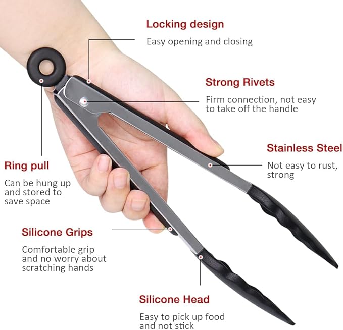 9 Inch Small Kitchen Tongs Set of 3, Silicone Cooking Tongs - Image 4