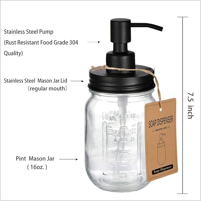 Amolliar Mason Jar Liquid Soap Dispenser, 16OZ Refillable Glass Soap Dispenser - Image 5