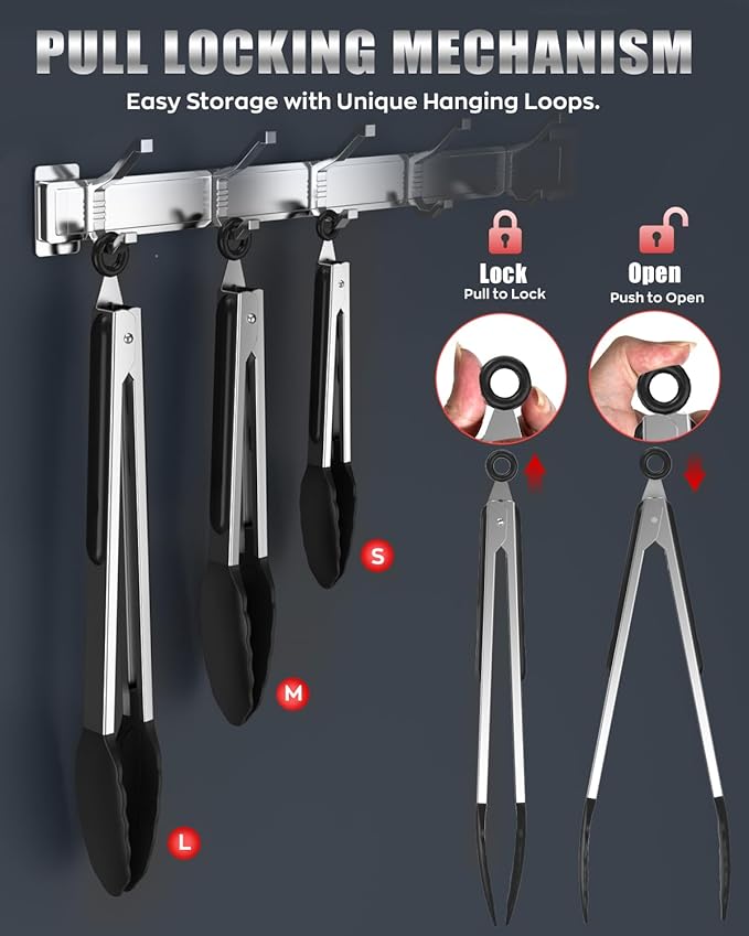 600ºF Heat Resistant Kitchen Tongs, Premium Locking Cooking Tongs - Image 4