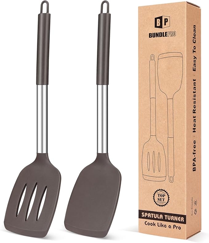 Pack of 2 Silicone Solid Turner, Non Stick Slotted Kitchen Spatulas, High Heat by BUNDLEPRO