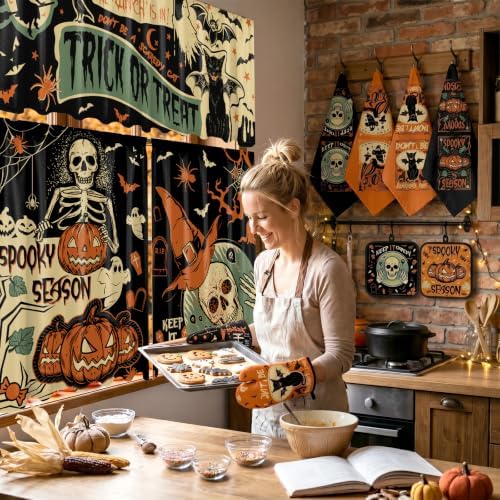 13 Pcs Vintage Gothic Halloween Kitchen Decor, Kitchen Rugs Curtains Set