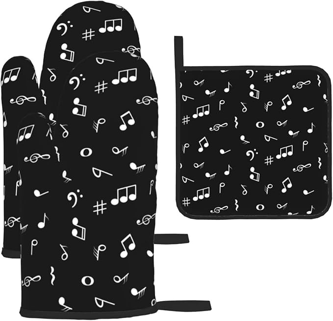 Music Notes Oven Mitts and Pot Holders Sets of 3 Black Hot Pads Musicial Oven by Unknown
