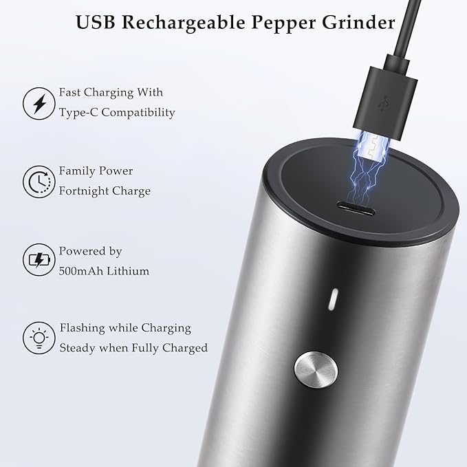 Electric Salt and Pepper Grinder Set, USB Rechargeable, Stainless Steel - Image 4