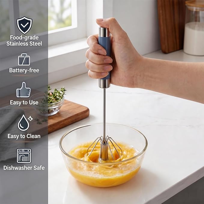 Semi Automatic Whisk & Egg Yolk Separator, Stainless Steel Mini Hand Push Whisk - Image 3