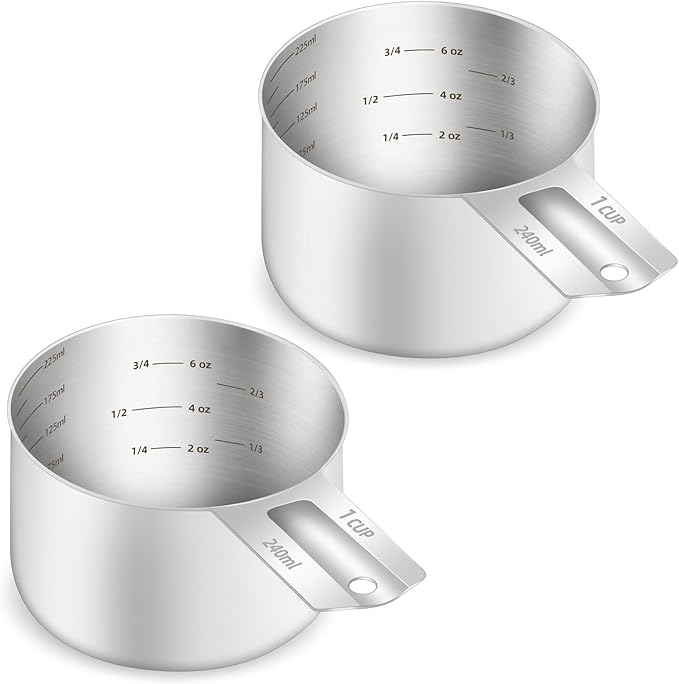 2PCS 1Cup Single Measuring Cup, Etched Inner Scale Stainless Steel Measure Scoop by BERYLER