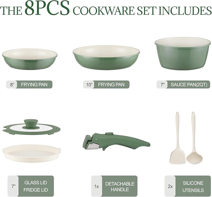 Ceramic Cookware Set Non Stick 8Pcs Pots and Pans Set Detachable Handle - Image 2