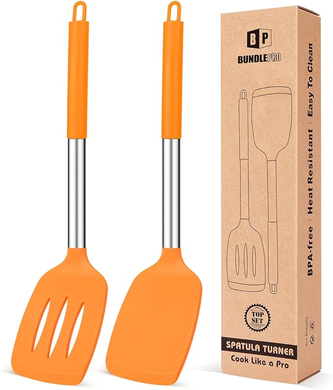 Pack of 2 Silicone Solid Turner, Non Stick Slotted Kitchen Spatulas, High Heat by BUNDLEPRO