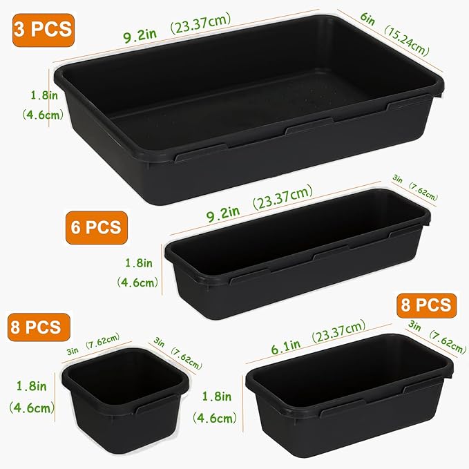 Kutesna 25 PCS Black Drawer Organizer Set, 4 Size Interlocking Plastic Storage - Image 2