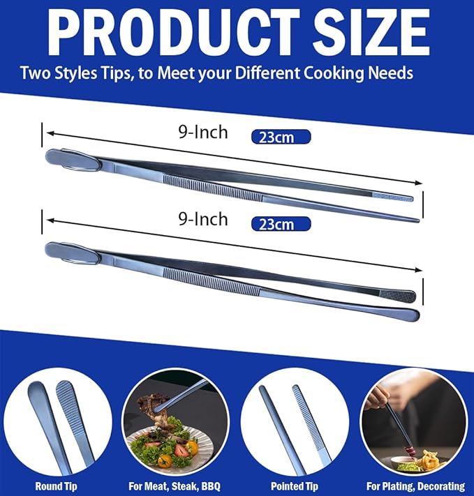 JETKONG 2 Pcs 9-Inch Cooking Tweezer Tongs Stainless Steel Kitchen Tweezers - Image 3