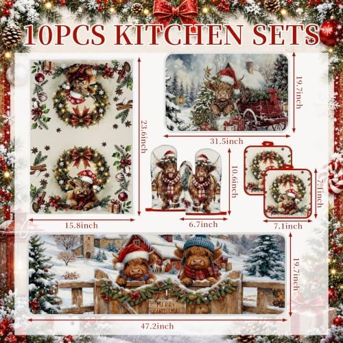 Fanfanwin 10 Pcs Christmas Highland Cow Kitchen Decor and Accessories Set Farmhouse Rustic Kitchen Towels Pot Holders Oven Mitts Rugs and Tape for Baking Cooking BBQ Housewarming Gifts