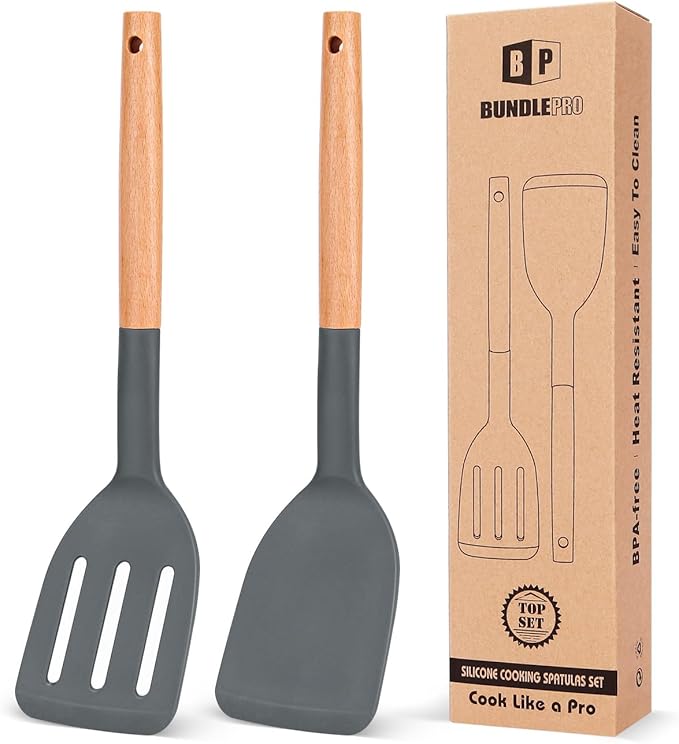 Pack of 2 Silicone Cooking Spatula, Heat Resistant Solid Turner, Non Stick by BUNDLEPRO