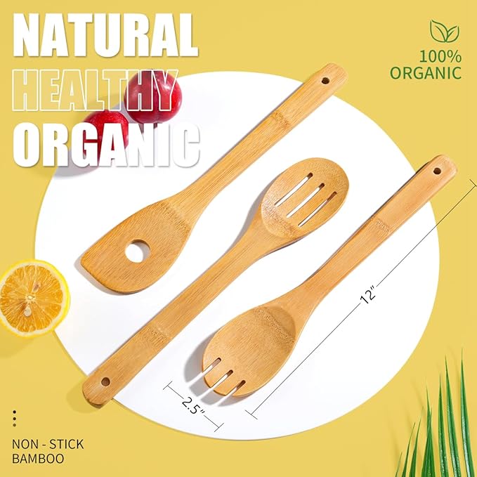 IOOLEEM Bamboo Wooden Spoons for Cooking 6 Pcs 12 Inch, Non-Stick Wooden - Image 5