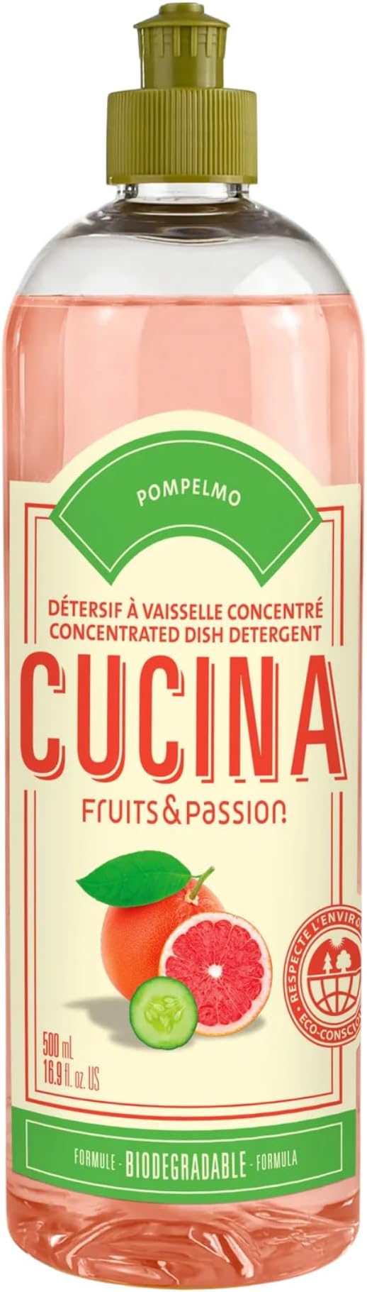 Cucina Fruits & Passion Dish Soap Dishwashing Detergent Refill – Pompelmo (Grapefruit), 16.9 fl oz, Made in Canada