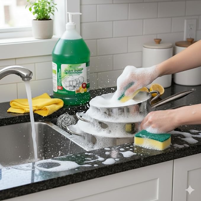 GreenFist Dish Soap Ultimate Kitchen Kit – Pump, Towel, Sponges & Scrubbers, Complete Cleaning Bundle – 1 Gallon, Lemon Scent (1 Gallon + Pump & Steel Scrubber)