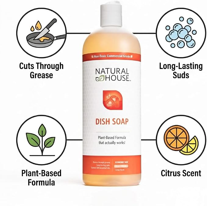 Natural House Scrubby - Plant-Based Enzyme Hand Dish Soap Refill Bulk - Cuts Grease, Gentle on Hands - Septic-Safe, Plumbing-Friendly - Citrus Scent - 128 oz