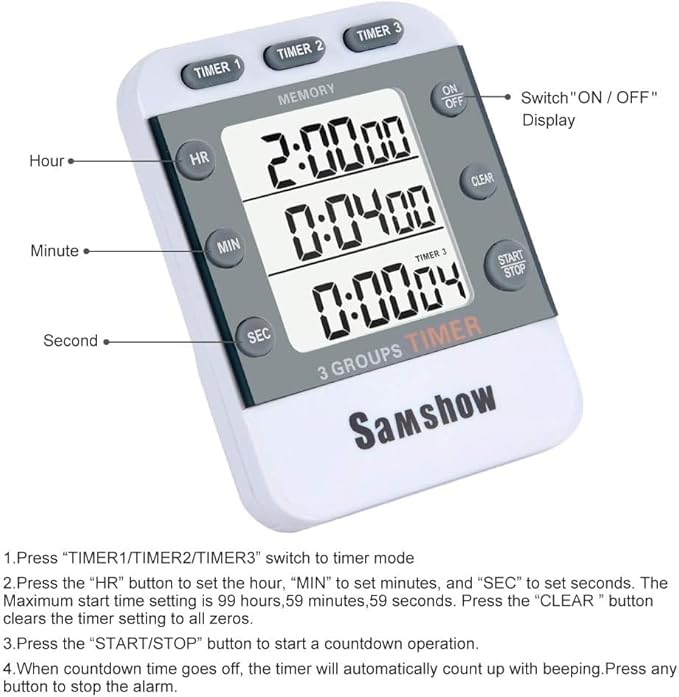 Digital Kitchen Timer Dual Timers 3 Channels Count UP/Down Cooking Timer Large - Image 3
