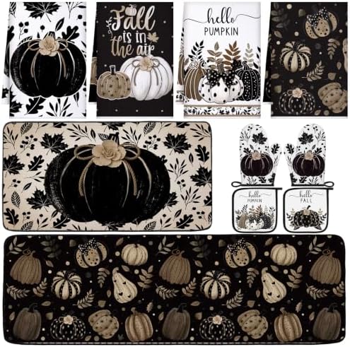 Fanfanwin 10 Pcs Fall Pumpkin Kitchen Decor Set Kitchen Towels Pot Holders Oven Mitts and Rugs Set Thanksgiving Towels for Baking Cooking BBQ Autumn Home(Black Pumpkin,Black, White, Brown,10)