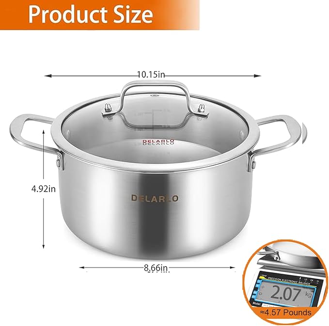 DELARLO Tri-Ply Stainless Steel Stock Pot, 5 Quart Stockpot - Image 3