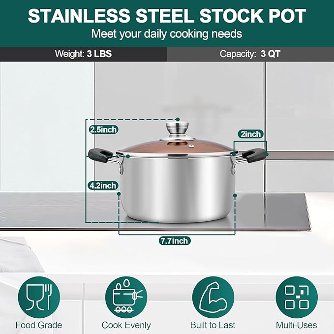 TeamFar 3 Quart Stock Pot, Stainless Steel Stock Pasta Soup Pot - Image 2