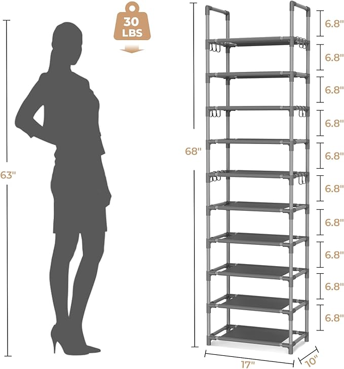 VTRIN 10 Tiers Tall Shoe Rack Holds 20-25 Pairs of Shoes Sturdy Vertical Shoe - Image 3