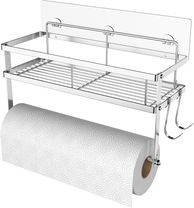 ESOW Paper Towel Holder with Shelf Storage, Adhesive Wall Mount 2-in-1 Basket by ESOW