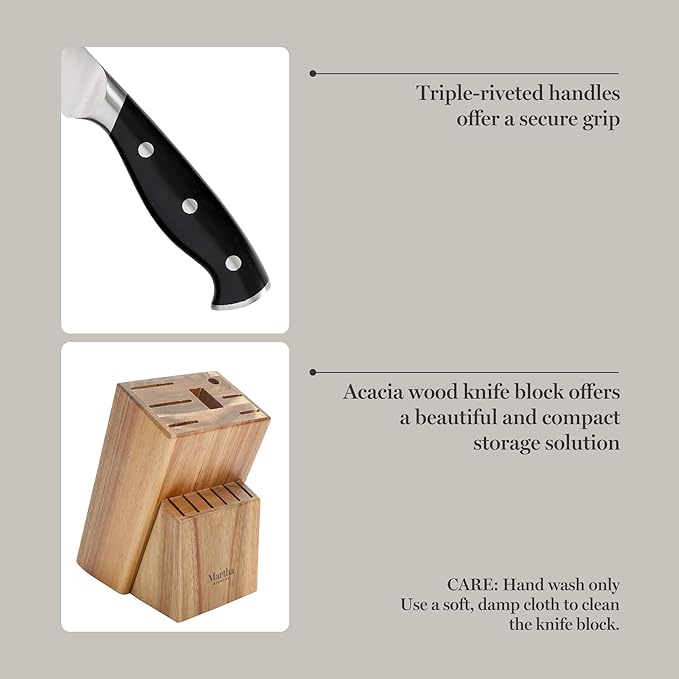 Martha Stewart Greeley 14 pc Triple- Riveted Cutlery Knife Acacia Wood Block - Image 5