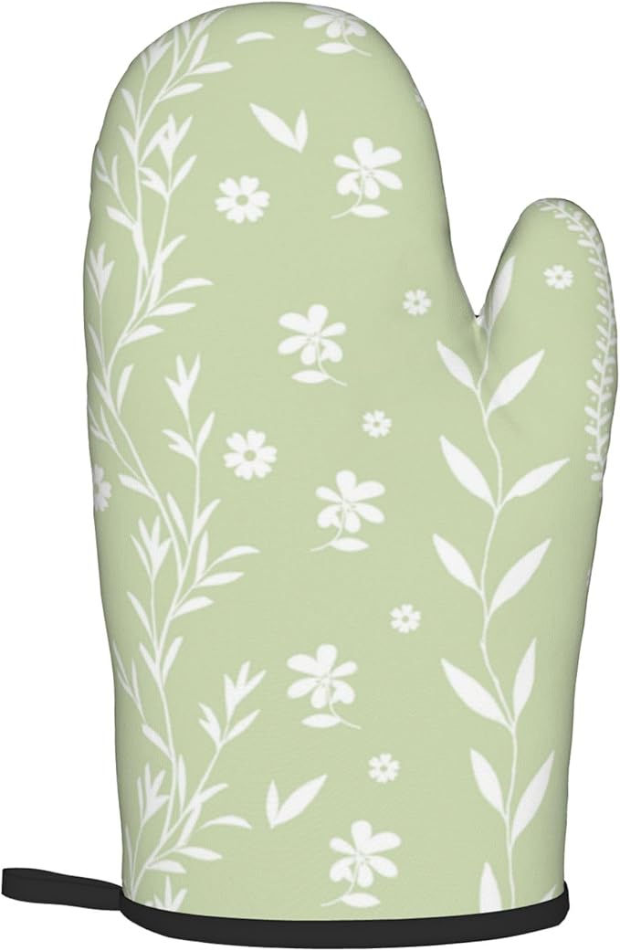 Sage Green Oven Mitt Pot Holder Set Floral BBQ Cooking Gloves Farmhouse - Image 8