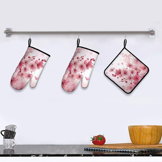 LOKMU Oven Mitts and Pot Holders Set of 3, Watercolor Pink Cherry Blossoms - Image 5